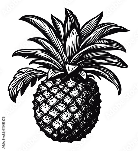 Detailed Black and White Engraving of a Pineapple Plant Structure