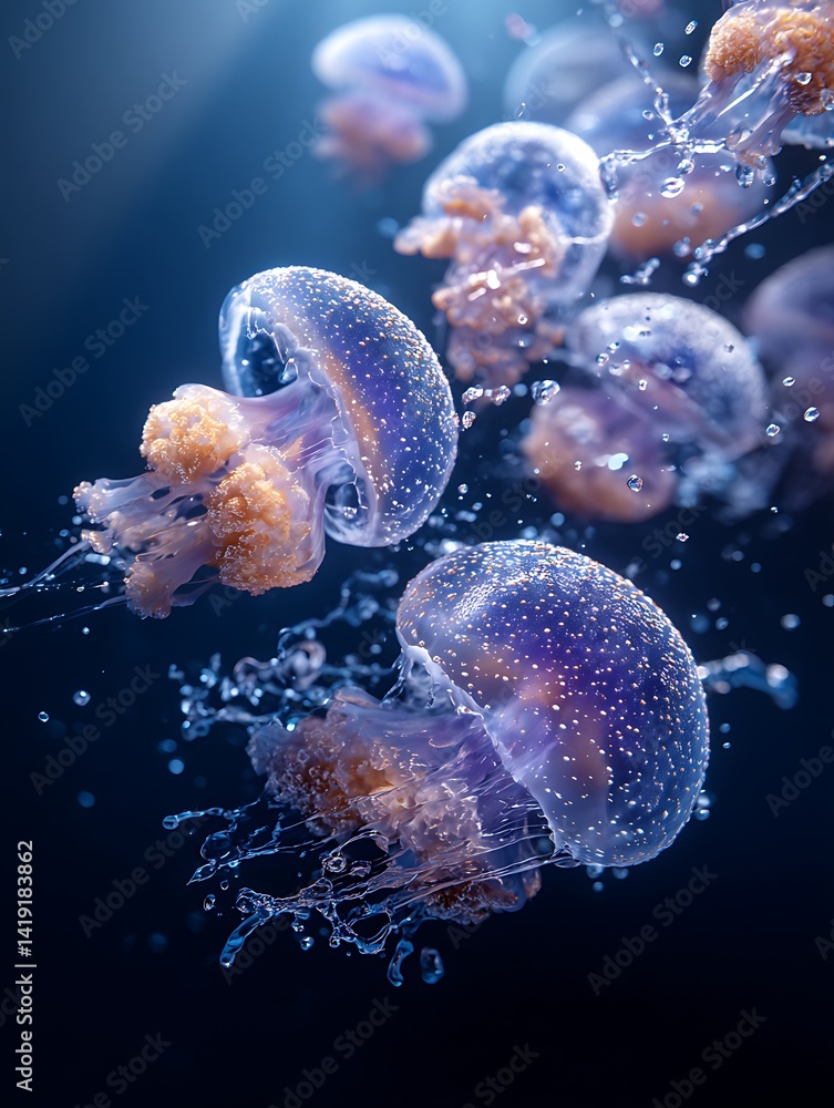 Obraz premium Realistic underwater photo of a group of jellyfish floating in deep black water, with water droplets falling and creating beautiful ripples and splashes.