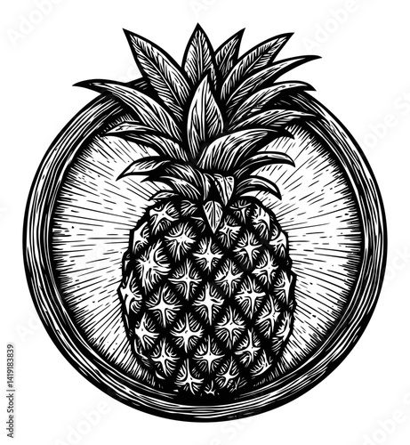 Detailed Black and White Engraving of a Pineapple Design
