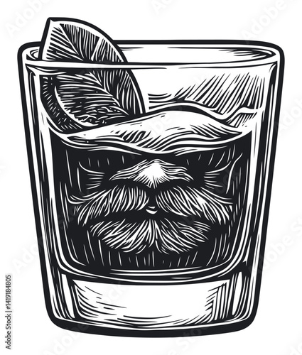 Engraving Illustration of a Glass with Drink and Lime Slice
