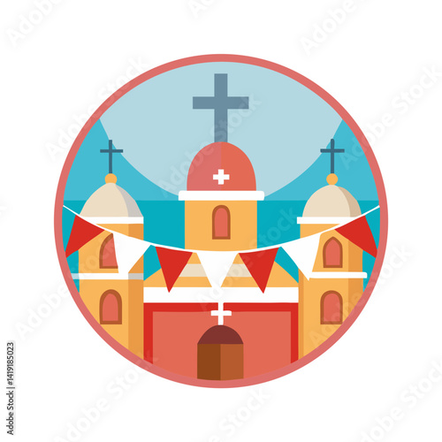 Orthodox church with colorful domes and flags flat vector