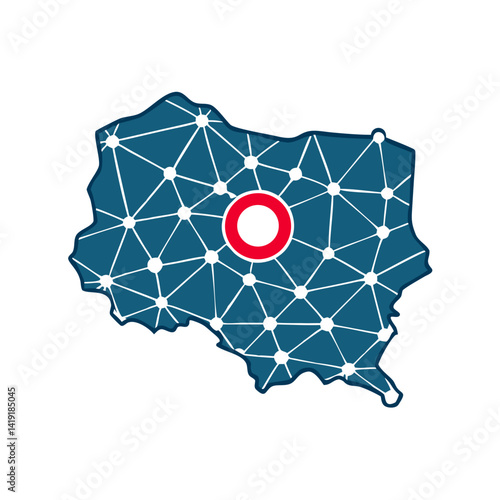 Poland map with network connection points and red center