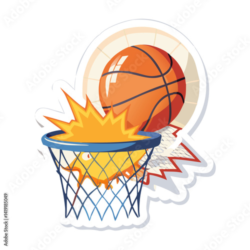 Basketball hitting hoop with explosive energy in comic style