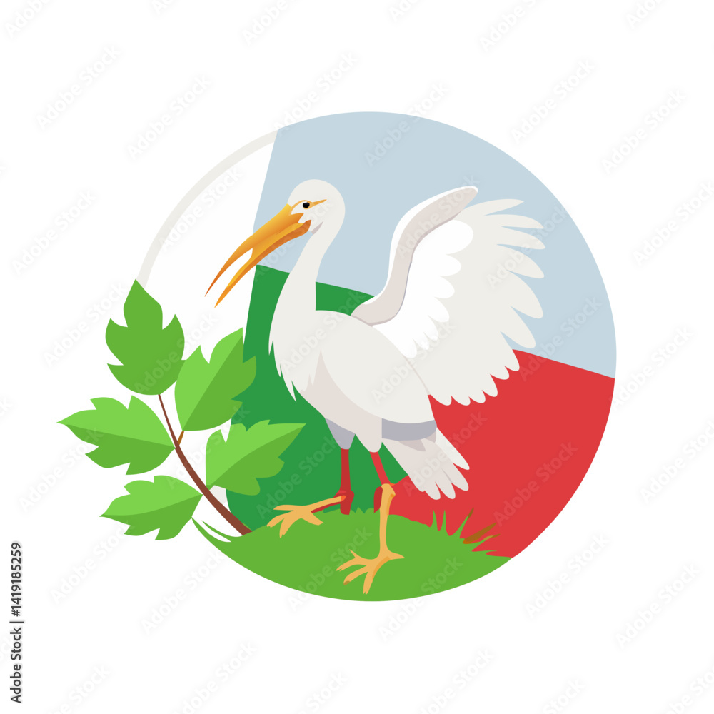 Stork standing on grass with Polish flag circle behind Stork standing on grass with Polish flag circle behind