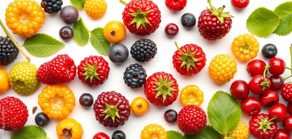 Vibrant collection of assorted berries, isolated on white background, healthy food, blue Vibrant collection of assorted berries, isolated on white background, healthy food, blue