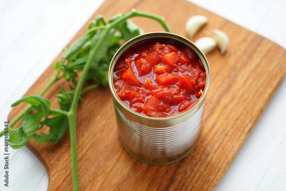 Image of unbranded generic tin of chopped tomatoes pieces / canned passata from supermarket with large vine tomato plant on wooden chopping board / bread board, diced and chopped Italian tinned tomato