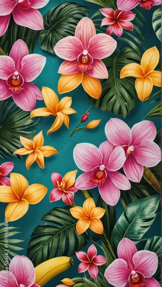 Vibrant tropical pattern with colorful hibiscus and palm leaves. Lush, exotic design perfect for backgrounds or summer themes. Vibrant tropical pattern with colorful hibiscus and palm leaves. Lush, exotic design perfect for backgrounds or summer themes.