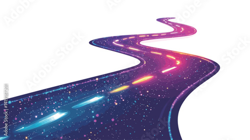 The image shows a digitally rendered winding road in vivid neon colors. The road, which is dominated by pink, purple and blue tones, appears to glow against a dark cosmic background.