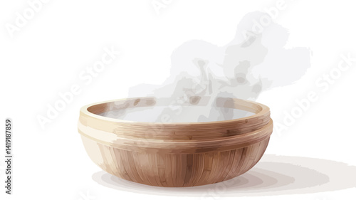 This high-resolution close-up photo shows a light brown wooden bowl filled with steaming opaque liquid, with the bowl showing a ridged texture and steam slowly rising to create a soft effect.