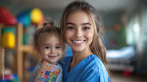 International Nurses Day: A nurse in blue scrubs gently comforting a young patient with a storybook, with a hospital play area featuring vibrant toys and a cheerful ambiance in the background.