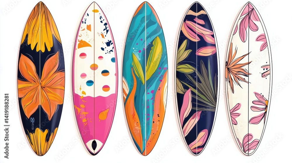 Vibrant surfboard art showcase beachside gallery decorative design coastal vibes close-up view creative expression Vibrant surfboard art showcase beachside gallery decorative design coastal vibes close-up view creative expression