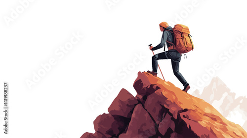 This stylized vector illustration of a hiker climbing a rocky mountain is dominated by warm tones, with rusty orange and brown colors dominating the majority of the rock formations.
