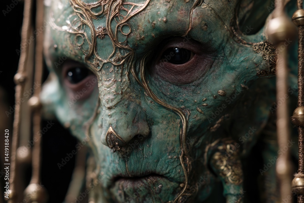 Close-up alien face, detailed in ornate embellishments. Close-up alien face, detailed in ornate embellishments.
