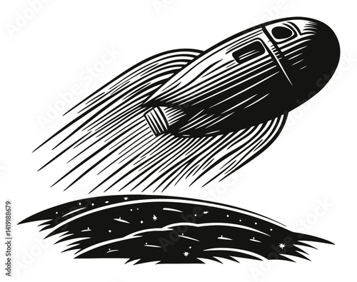 Vintage Rocket Engraving with Motion Lines and Starry Background
