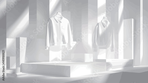 Showing a minimalist fashion display bathed in natural sunlight, the scene is entirely monochrome, utilizing various shades of white to create depth and texture.