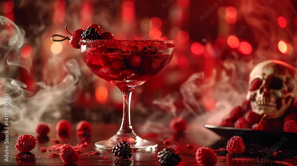 Vibrant Raspberry Cocktail with Berries and Skull in Eerie Red Atmosphere for Halloween Vibrant Raspberry Cocktail with Berries and Skull in Eerie Red Atmosphere for Halloween