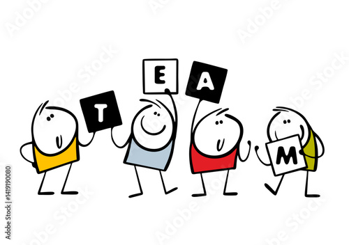 Dream team of children holds signs with letters. Vector illustration of happy characters working together, playing sports. Cartoon people isolated on white background.