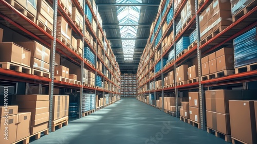 Immense warehouse interior with neatly arranged rows of packages on shelves