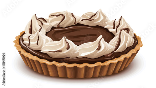 Close up high angle studio shot of a single chocolate cream tart on a white background. The tart crust is golden brown and fluted and filled with rich dark chocolate cream.