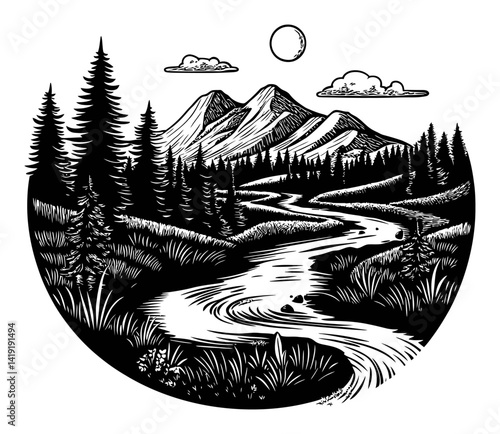 Black and White Landscape Engraving with River and Mountains