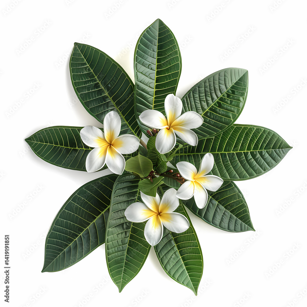 Naklejka premium Frangipani blooms with green leaves, tropical elegance, floral botanical theme, nature's serene beauty.