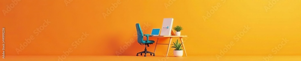 Vibrant flat style illustration of creative workplace with desk, chair, laptop, and art supplies on orange backdrop, laptop, chair, art supplies Vibrant flat style illustration of creative workplace with desk, chair, laptop, and art supplies on orange backdrop, laptop, chair, art supplies