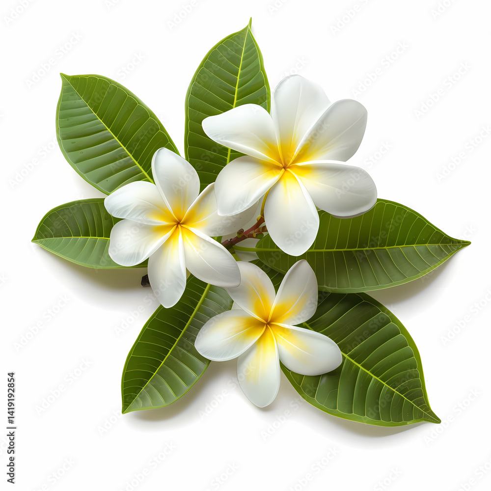 White flowers with yellow centers surrounded by lush green leaves, tropical elegance, natural beauty, serene arrangement White flowers with yellow centers surrounded by lush green leaves, tropical elegance, natural beauty, serene arrangement