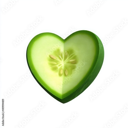 A heart shaped cucumber cut in half with seeds visible on a white background simple and clean image