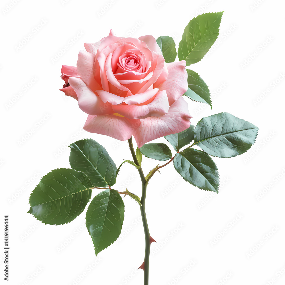 Fototapeta premium Elegant pink rose with lush green leaves on a white background, symbolizing beauty and love, perfect for romantic themes.