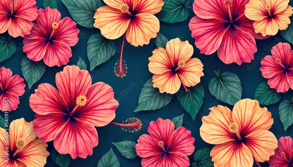 Bold, graphic hibiscus blossoms create a vibrant, energetic repeating design , seamless, texture, graphic pattern Bold, graphic hibiscus blossoms create a vibrant, energetic repeating design , seamless, texture, graphic pattern