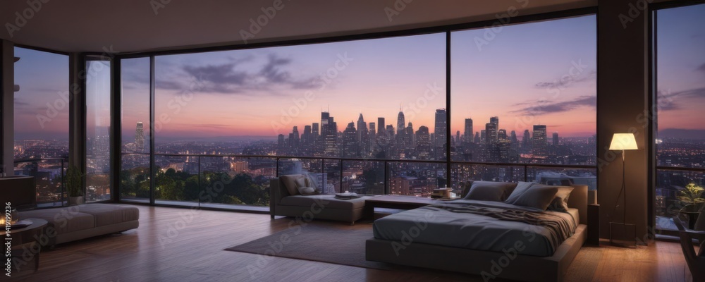 Fototapeta premium Stunning city skyline panorama from lavish penthouse suite, architecture, penthouse