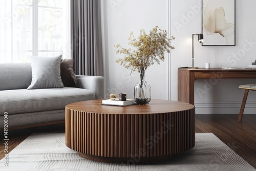 Wallpaper Mural A round wooden coffee table with a fluted design sits in a modern living room with a gray sofa, a vase of dried flowers, and a rug Torontodigital.ca