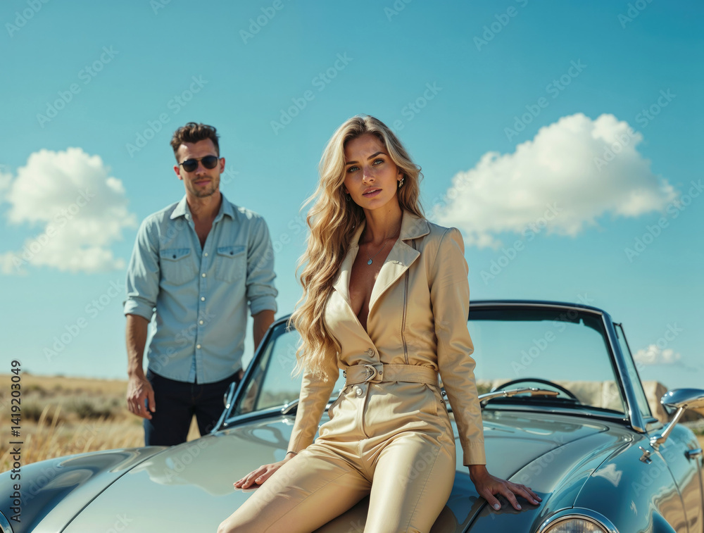 fashionable couple with a vintage car