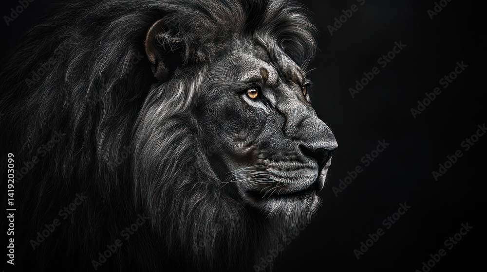 Fototapeta premium Monochrome lion portrait with intense stare conveying strength and majesty