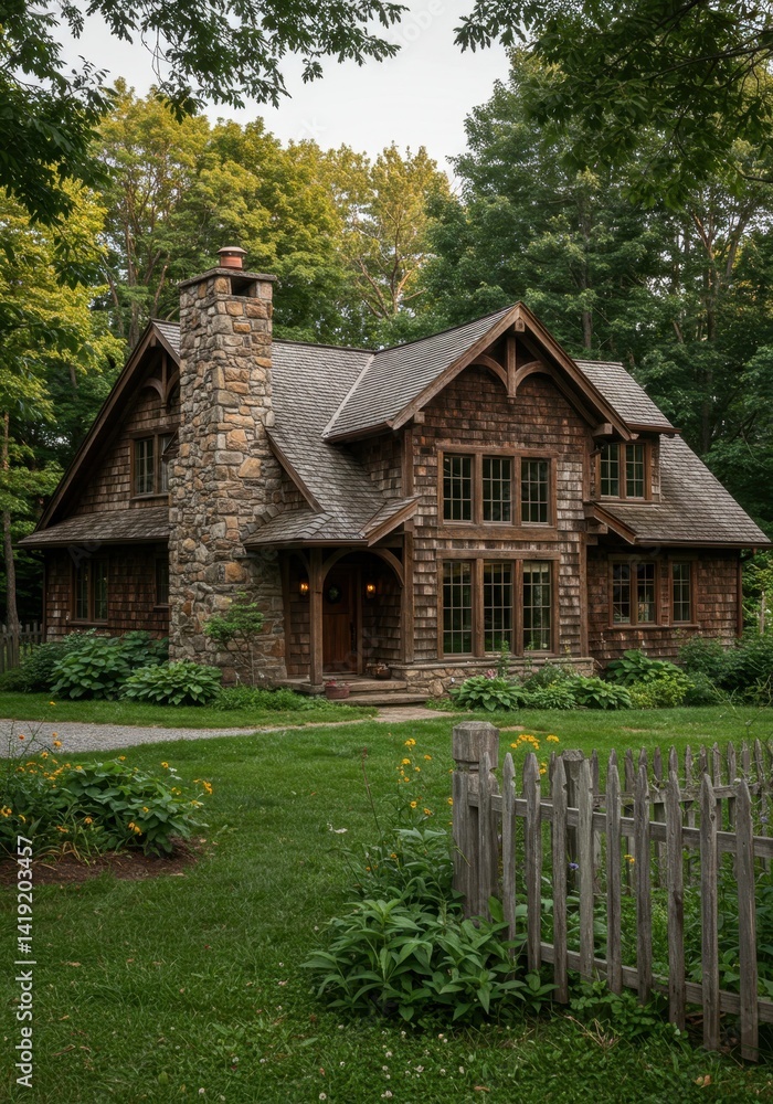 Fototapeta premium Stone and Wood Cabin in a Lush Green Setting