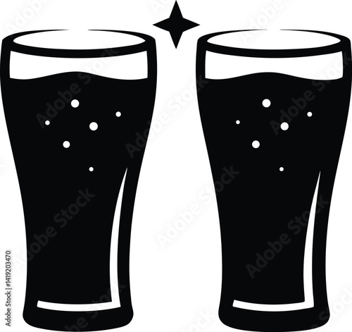 Beer mug silhouette, Two clinking frothy beer mugs icon vector