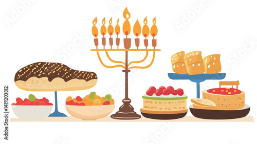 A vibrant digital illustration shows an elaborate Hanukkah feast, with a detailed menorah at its center, glowing with nine lifelike golden candles.