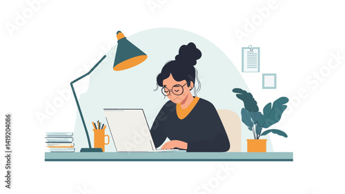 The illustration depicts a young woman wearing glasses and with dark hair tied in a bun, sitting at a simple desk, concentrating on her laptop.