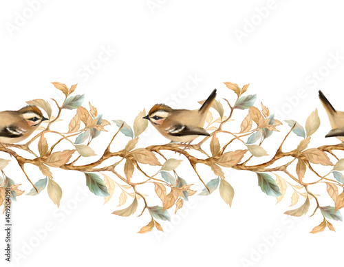 Photography Elegant seamless border pattern with birds perched on branches with leaves