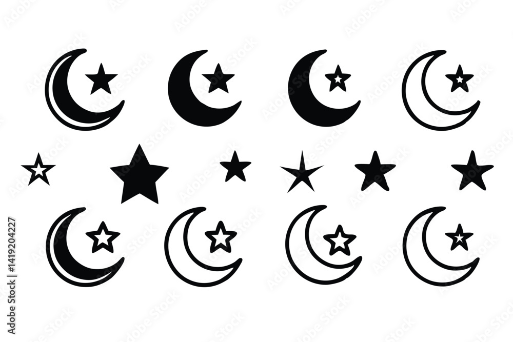 Black Crescent and Star Designs and Islamic Moon Symbol Icons. Black Crescent and Star Designs and Islamic Moon Symbol Icons.