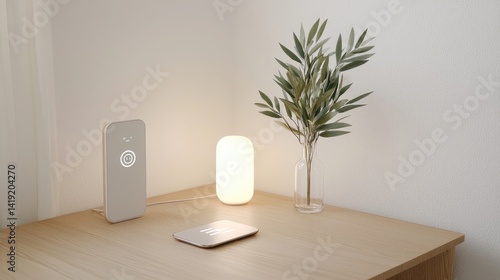 Modern minimalist home office desk with ambient lighting and wireless charging