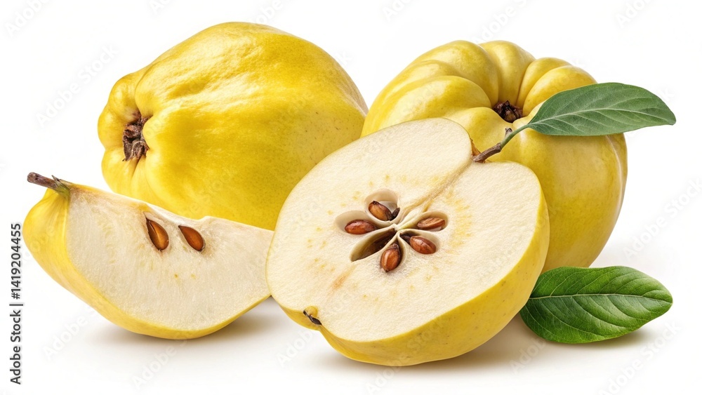 Juicy Quince Fruit: Vibrant Lemon-Colored Macro Shot. Plump, Fresh, and Ready-to-Eat. Perfect for culinary blogs, recipe websites, and food packaging designs. High-resolution image showcasing the