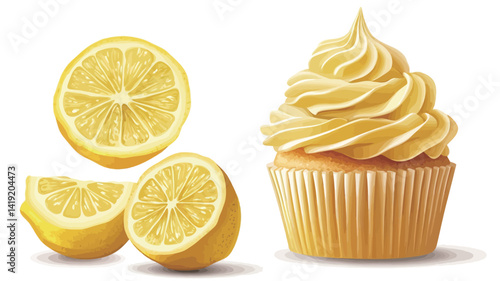 This digital rendering shows a lemon cupcake decorated with a pale yellow buttercream frosting. Two lemon slices are strategically arranged on the cake.