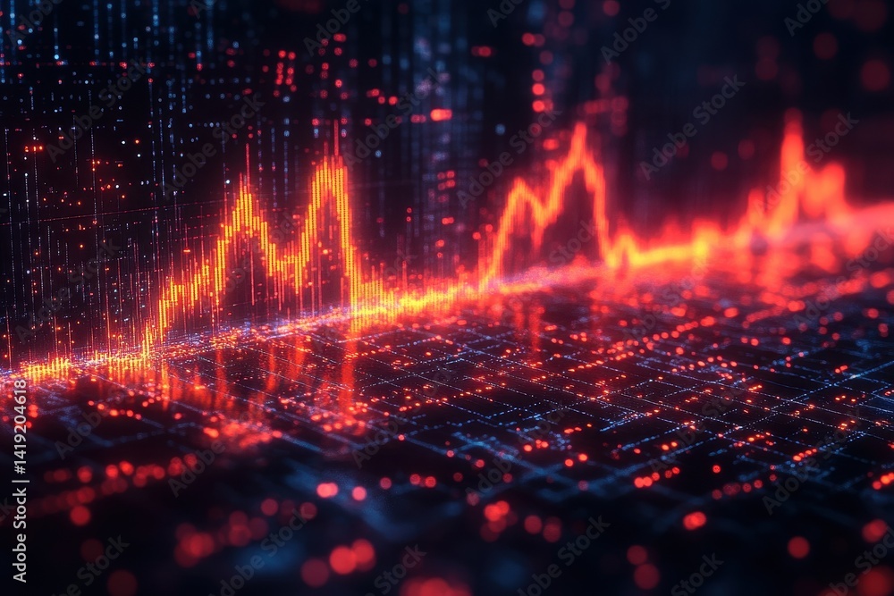 Digital data visualization displaying a glowing waveform and fluctuating statistics in a dark background Digital data visualization displaying a glowing waveform and fluctuating statistics in a dark background