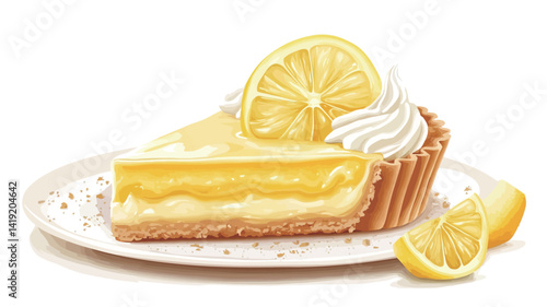 Studio close-up: a slice of lemon tart on a white plate. The crust is golden and crispy, and the filling is bright yellow lemon curd.