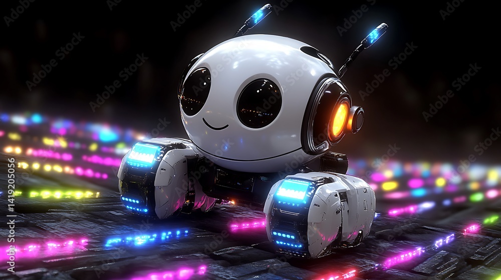 Fototapeta premium Cute Robot on Neon Glowing Surface
