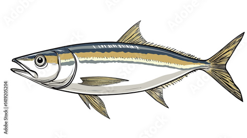 A detailed illustration of a yellowtail kingfish, rendered in a style that combines accurate anatomical structure with expressive use of color.