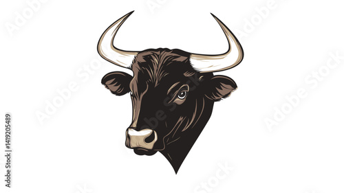 Stylized vector illustration of a bull's head shown in close-up from the front, with its dark brown body contrasting with its elegantly curved off-white horns.