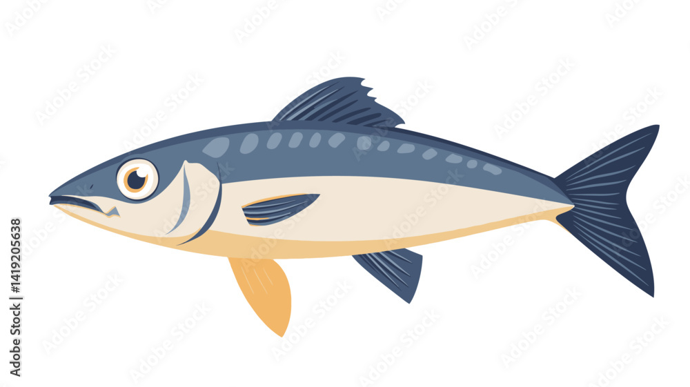 A digitally rendered cartoon illustration of a mackerel fish is set against a pure white background. The fish is depicted in a simple, stylized manner, with its back being primarily blue-grey. A digitally rendered cartoon illustration of a mackerel fish is set against a pure white background. The fish is depicted in a simple, stylized manner, with its back being primarily blue-grey.