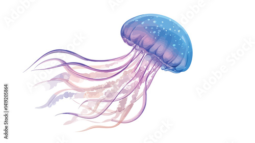 The digital rendering shows a jellyfish with a bell-shaped head that is pale blue on top and soft pink on the bottom, set against a pure white background.